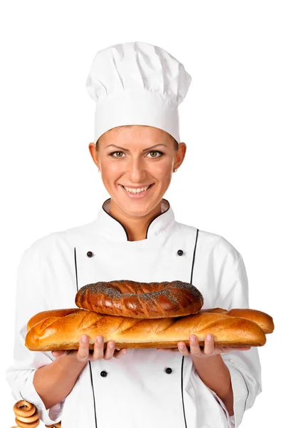 Cute female Chef baker or cook holding up a beautiful loaf Brea — Stock Photo, Image