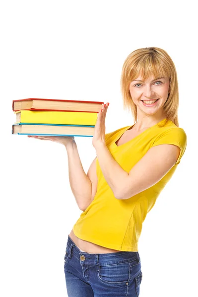 Chica feliz con apilar libros de color. Aislado —  Fotos de Stock