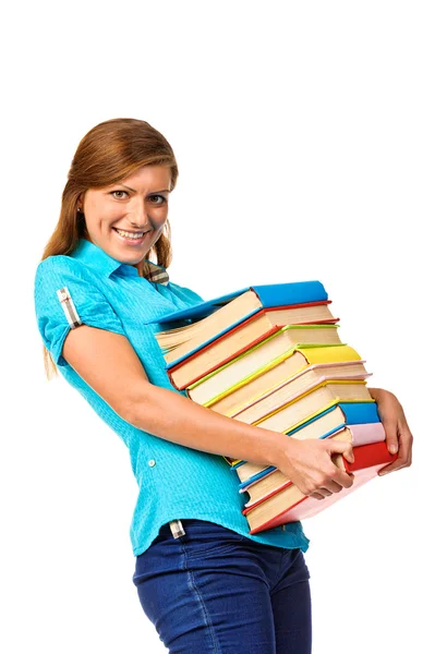 Estudiante chica con pila color libro Fotos de stock