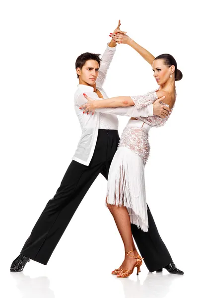 Sensual pareja bailando salsa. Bailarines latinos en acción Imágenes de stock libres de derechos