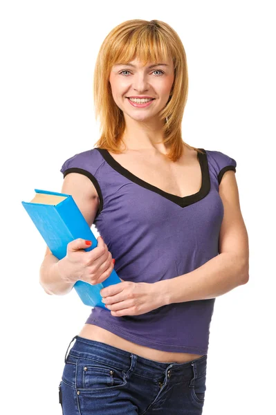 Niza estudiante femenina sosteniendo libro, sonriendo y mirando a la cámara . — Foto de Stock