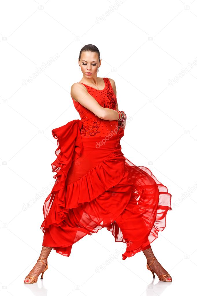 Beautiful young woman Latino dancer in action. Isolated