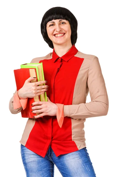 Niza estudiante femenina sosteniendo libro, sonriendo y mirando a la cámara . — Foto de Stock