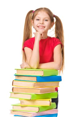 mutlu liseli kızlar ile kitap yığını. izole
