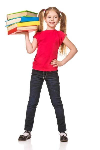 Girl holding stack color books. Isolated — Stock Photo, Image