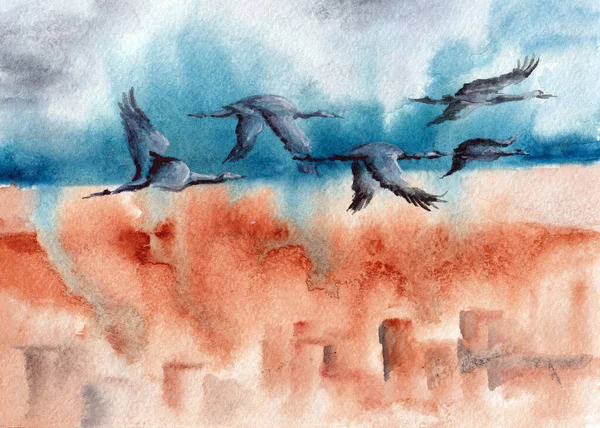 Landscape with flock of cranes over blue sky, horizon and abstract earth surface. Hand drawn watercolors on paper textures. Raster bitmap image