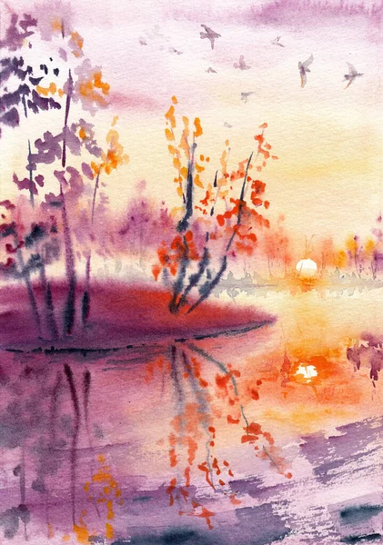 湖泊或河流景观与水景 一些树木和鸟类在秋天的色彩 手绘水彩画在纸纹理上 栅格位图图像 — 图库照片