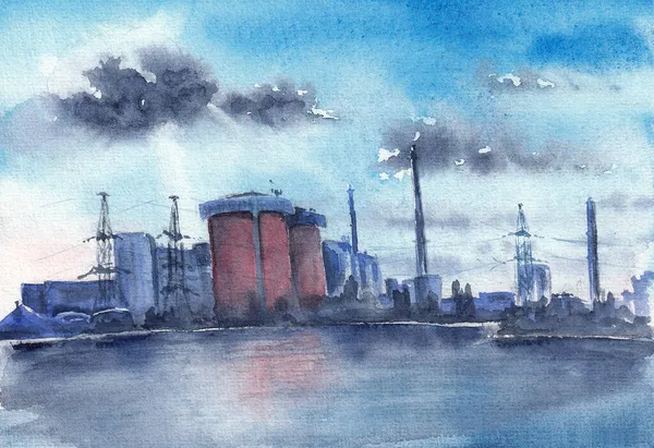 南欧的核电站在早上的时候 日出在池塘上 手绘水彩画在纸纹理上 栅格位图图像 — 图库照片