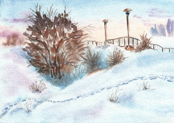 冬季乡村风景 前面雪地的小径和大灌木丛 后面的树 手绘水彩画与纸张质感 栅格位图图像 — 图库照片