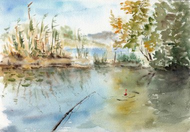 Sazlıklarla dolu bir nehir, aşırı büyümüş bir banka, suda yansıyan bir yansıma ve şamandıralı bir olta. Kağıt desenli el yapımı suluboya. Raster bitmap resmi