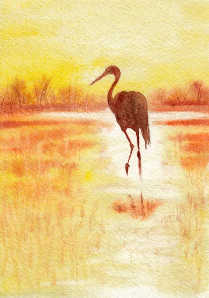 湖泊或河流景观与水景 日出和孤独的苍鹭手绘水彩画在纸纹理上 栅格位图图像 — 图库照片