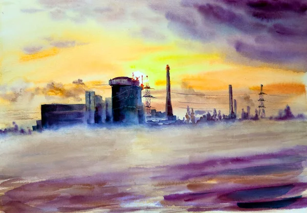 南欧的核电站草图 手绘水彩画在纸纹理上 栅格位图图像 — 图库照片