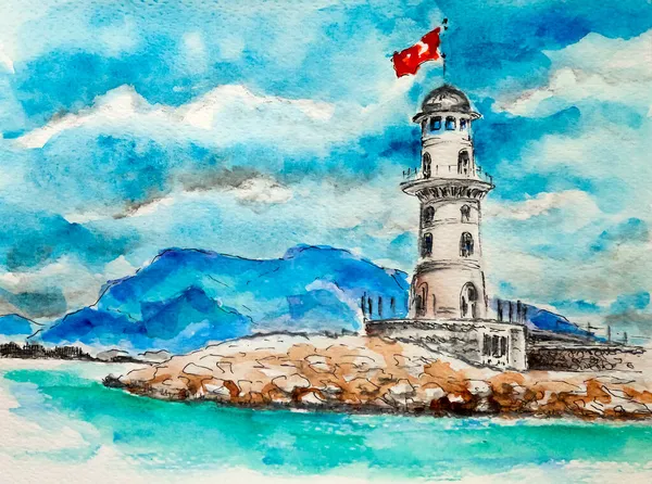 Leuchtfeuer Alanya Antalia Türkei Meer Und Himmel Szene Handgezeichnete Aquarelle — Stockfoto