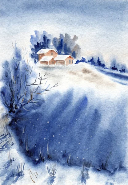 Téli Vidéki Táj Mező Ház Között Kézzel Rajzolt Akvarell Papír — Stock Fotó