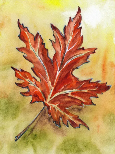 Single Red Maple Leaf Symbol Autumn Yellow Background Hand Drawn — Stock Photo, Image