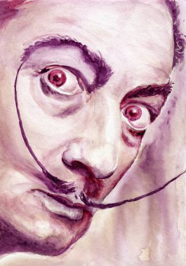 Salvador Dali, İspanyol ünlü sanatçı. El yapımı güzel bir portre resmi kırmızı şarap ve kağıt dokusunda suluboya. Raster bitmap resmi