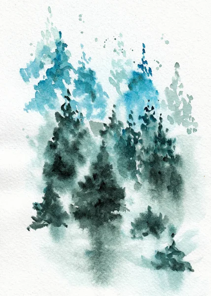 Stylizovaná Lesní Krajina Jedlemi Mlhou Ručně Kreslené Akvarely Papírových Texturách — Stock fotografie