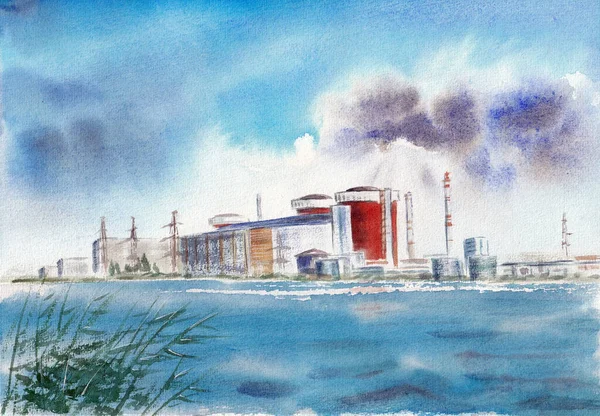 午前中に南ウクライナの原子力発電所は 太陽が雲から輝きます 紙の質感に水彩画を手描き ラスタービットマップ画像 — ストック写真