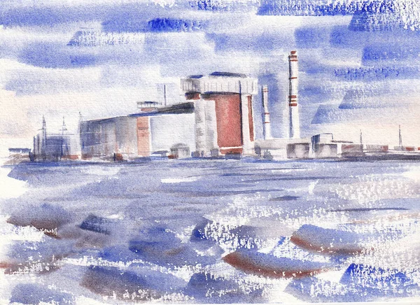 South Ukrainian Nuclear Power Plant Iin Style Impressionism Hand Drawn — 图库照片