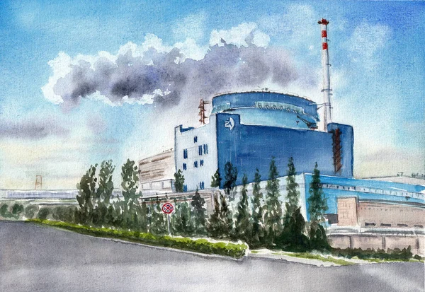 Primeiro Bloco Central Nuclear Khmelnytsky Dia Nebuloso Ventoso Aquarelas Desenhadas — Fotografia de Stock