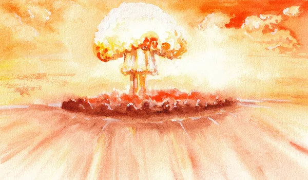 Nuclear Explosion Atomic Mushroom Shock Wave Yellow Orange Colores Hand — Stock Photo, Image