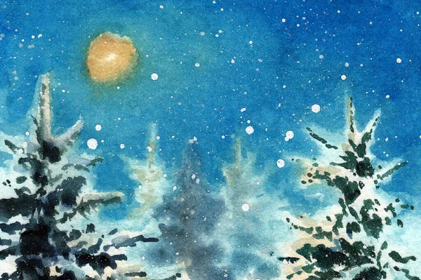Stilisierte Waldlandschaft Mit Mond Und Schneeflocken Der Nachtszene Handgezeichnete Aquarelle — Stockfoto