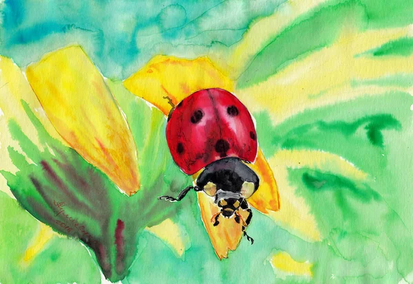 Colorful Ladybird Closeup Portrait Yellow Flower Hhand Drawn Watercolors Paper — Stock Photo, Image