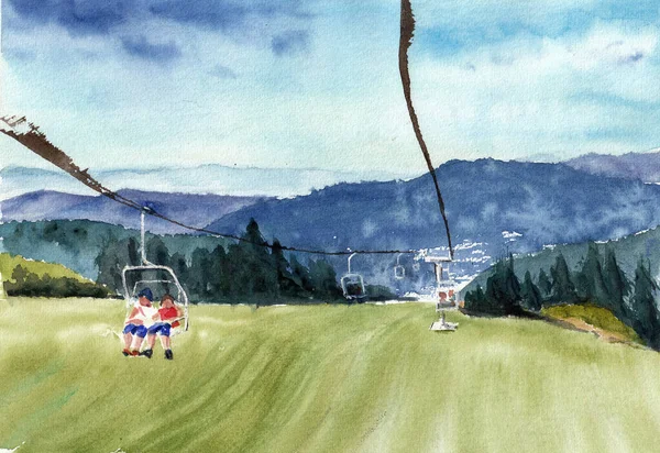 Human Couiple Cableway Admires Beauty Summer Landscape Hand Drawn Watercolors — Stock Photo, Image