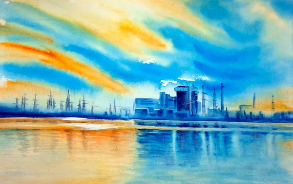 南欧的核电站在早上的时候 多彩的日出映衬着池塘和迷人的倒影 手绘水彩画在纸纹理上 栅格位图图像 — 图库照片