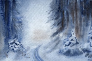 Dikey ormanın şekillendirilmiş panoramik manzarası köknar ve yol koyu mavi renkte. Kağıt dokulara el çizimi suluboya. Raster bitmap resmi