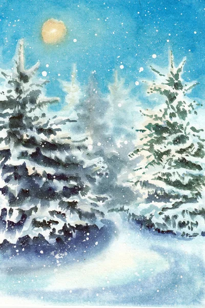冬のシーンで太陽と雪の結晶と様式化された森林景観 紙の質感に水彩画を手描き ラスタービットマップ画像 — ストック写真