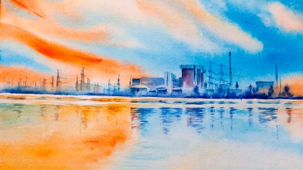 南欧的核电站在早上的时候 多彩的日出映衬着池塘和迷人的倒影 手绘水彩画在纸纹理上 栅格位图图像 — 图库照片