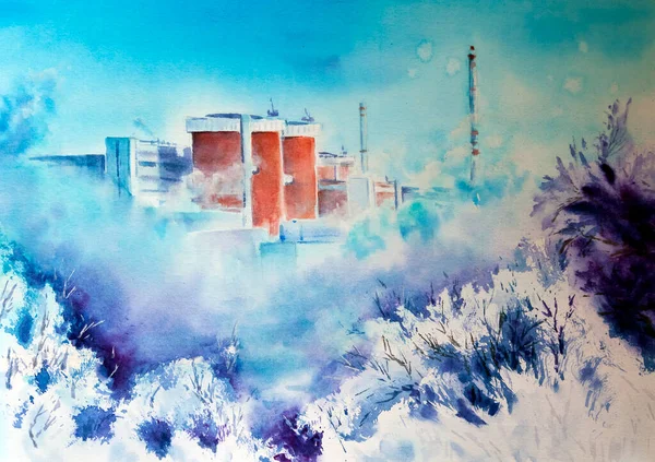 Южно Украинская Атомная Электростанция Морозное Зимнее Утро Туман Пруда Облаков — стоковое фото