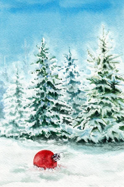 Stylized Forest Landscape Firs Christmass Red Ball Toy Snow Hand — Stock Photo, Image