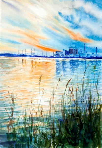 南欧的核电站在早上的时候 多彩的日出映衬着池塘和迷人的倒影 野玫瑰在前景中 手绘水彩画在纸纹理上 栅格位图图像 — 图库照片
