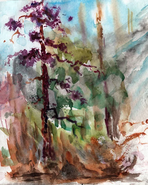 単純な風景の中に抽象的な夏の森 手描きの水彩を紙の質感に ラスタービットマップ画像 — ストック写真