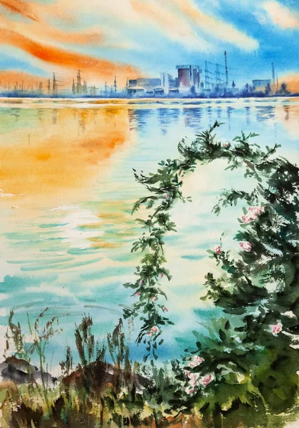 南欧的核电站在早上的时候 多彩的日出映衬着池塘和迷人的倒影 野玫瑰在前景中 手绘水彩画在纸纹理上 栅格位图图像 — 图库照片
