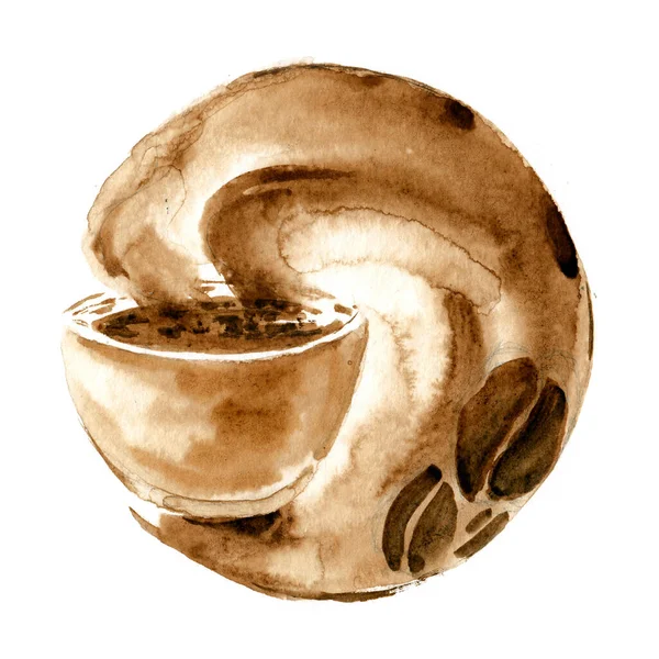 Абстрактный Коричневый Кофе Чашкой Паром Фасолью Вокруг Дизайна Ручной Рисованный — стоковое фото