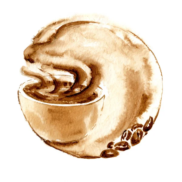 デザインのためにカップ 蒸気および豆が付いた抽象的な茶色のコーヒー惑星 紙の質感に手描きコーヒー ラスタービットマップ画像 コーヒー生コレクション — ストック写真