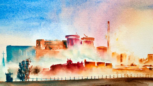 南欧的核电站在早上的时间 多彩的拼贴与单位和塔 手绘水彩画在纸纹理上 栅格位图图像 — 图库照片