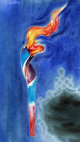 カラフルなオリンピックトーチと背景にぼやけた雪の結晶と炎 紙の質感に水彩画を手描き ラスタービットマップ画像 — ストック写真