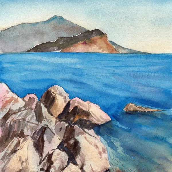 前景にはシンプルな海の風景と水平線にはいくつかの岩 紙の質感に水彩画を手描き ラスタービットマップ画像 — ストック写真