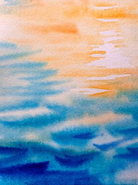 Stilize olmuş ön plandaki su yüzeyinde dalgalar ve güneş ışığı yanıp sönüyor ve yansımalar oluşuyor. Kağıt dokulara el çizimi suluboya. Raster bitmap resmi