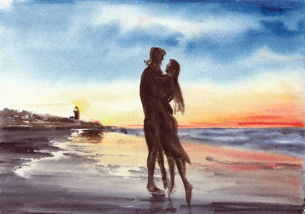 He and she on the beach in evening time, sunset over ocean. Hand drawn watercolors on paper textures
