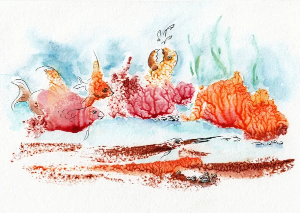 Abstract Underwater Landscape Marine Life Monotype Technique Hand Drawn Watercolor — Stock Photo, Image