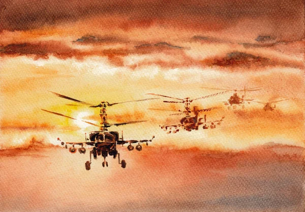 Μαχητικά Ελικόπτερα Που Πετούν Σχηματισμό Φόντο Πολύχρωμο Ηλιοβασίλεμα Σύννεφα Στυλιζαρισμένη — Φωτογραφία Αρχείου