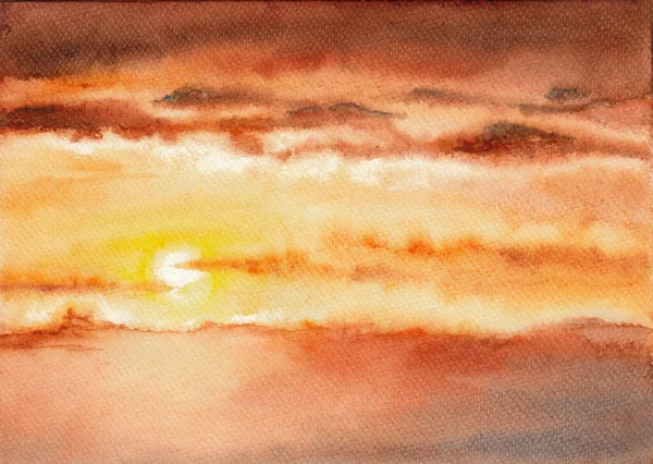 色彩斑斓的日落或日出点缀着云彩 迷人的天空风景 手绘水彩画在纸纹理上 栅格位图图像 — 图库照片