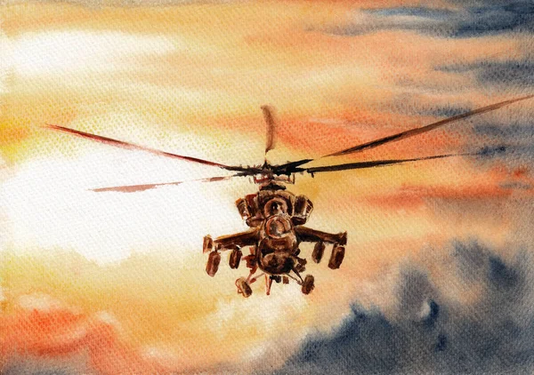 Μαχητικό Ελικόπτερο Που Φέρουν Σχηματισμό Φόντο Πολύχρωμο Ηλιοβασίλεμα Σύννεφα Στυλιζαρισμένη — Φωτογραφία Αρχείου
