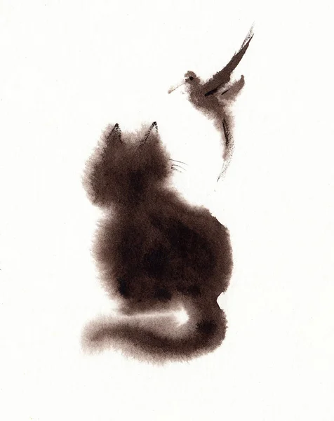 猫のクローズアップ席とその反対側に飛んで鳥を見て 紙の質感に水彩画を手描き ラスタービットマップ画像 — ストック写真