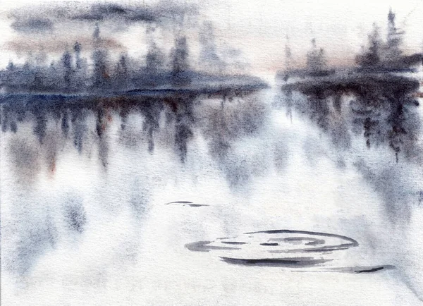 湖泊或河流景观与森林的倒影 天空和水面上的圆圈 手绘水彩画在纸纹理上 栅格位图图像 — 图库照片